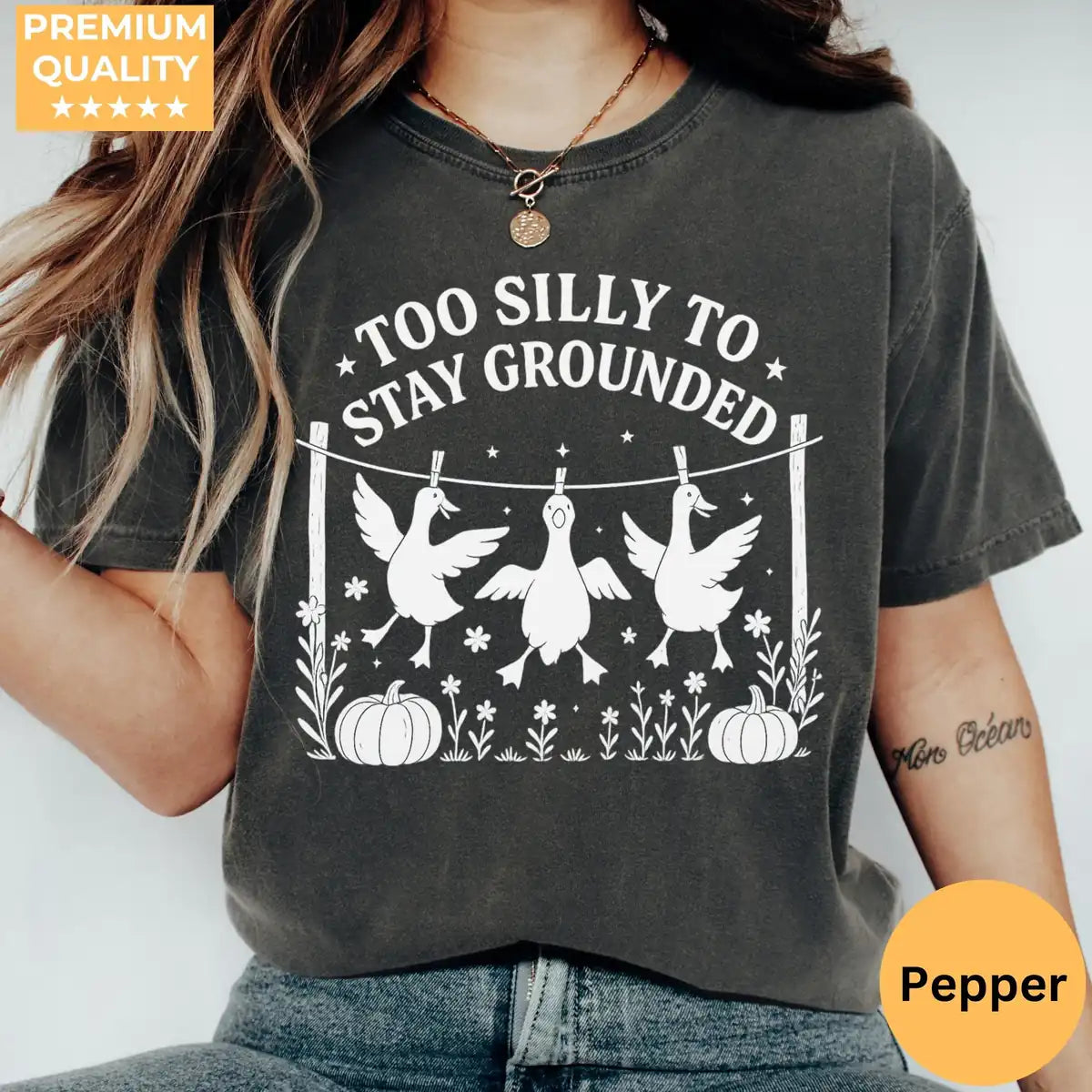 Comfort Colors T-shirt in Crunchberry color featuring Too Silly To Stay Grounded geese graphic