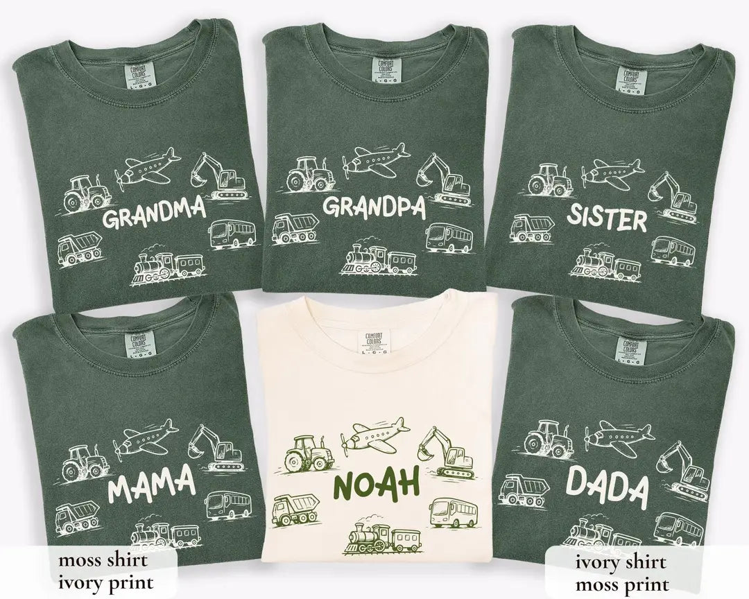 Six folded Moss and Ivory Comfort Colors tees with names like Grandma, Sister, Noah and Dada among sketched vehicles