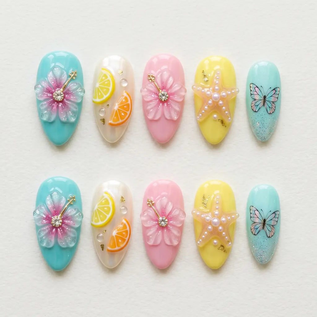 tropical 3d almond press on nails hibiscus fruit butterfly flat lay 01