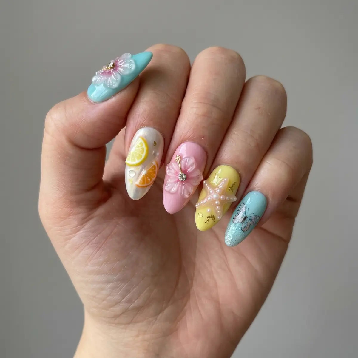 tropical 3d almond press on nails hibiscus fruit butterfly mockup 01