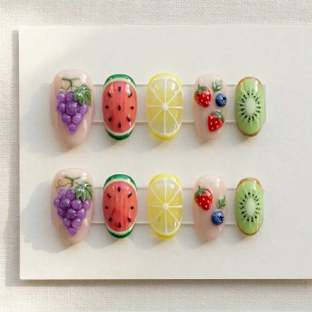 tropical 3d oval press on nails grape watermelon lemon flat lay 01