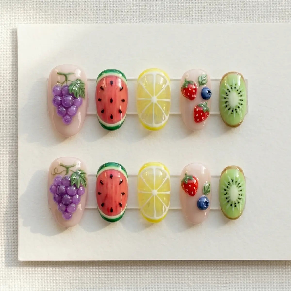 tropical 3d oval press on nails grape watermelon lemon flat lay 01