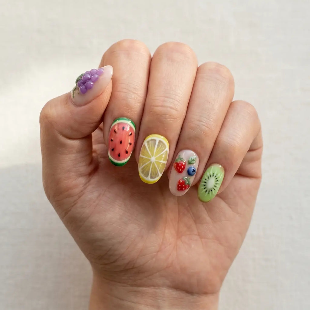 tropical 3d oval press on nails grape watermelon lemon lifestyle 01