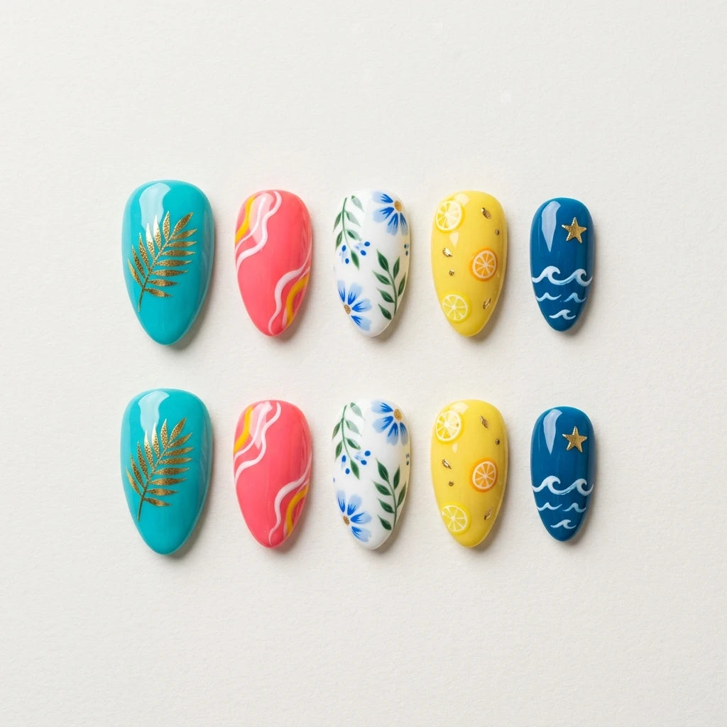 turquoise pink yellow hand painted almond press on nails summer wildflower citrus detail 04