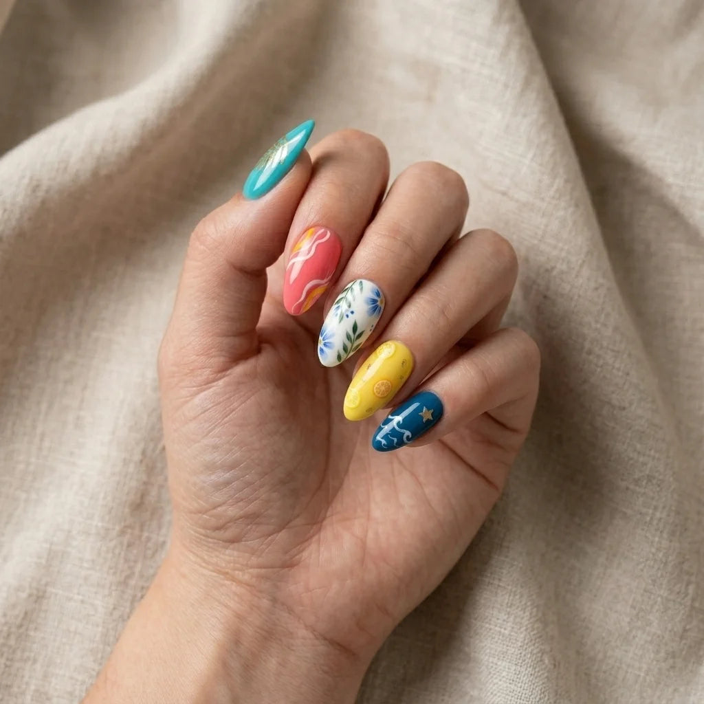 turquoise pink yellow hand painted almond press on nails summer wildflower citrus lifestyle 03