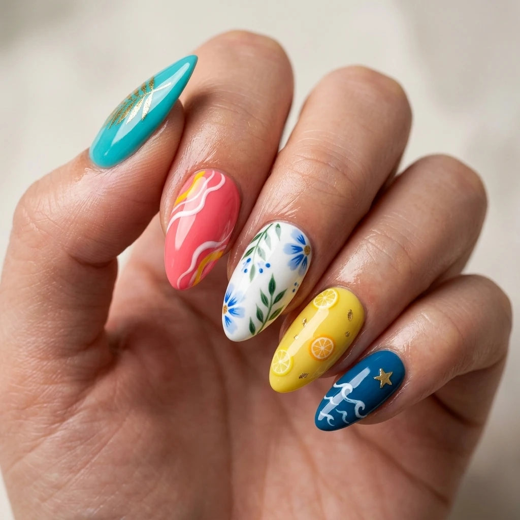 turquoise pink yellow hand painted almond press on nails summer wildflower citrus mockup 02
