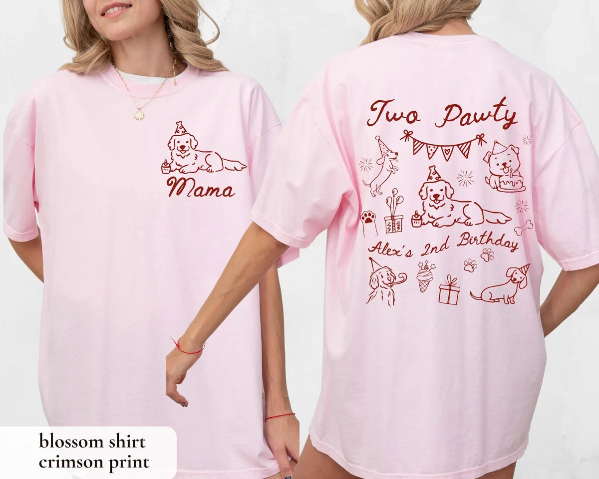 Woman in a Blossom pink Comfort Colors tee, front with a crimson dog and Mama, back with Two Pawty and a party banner