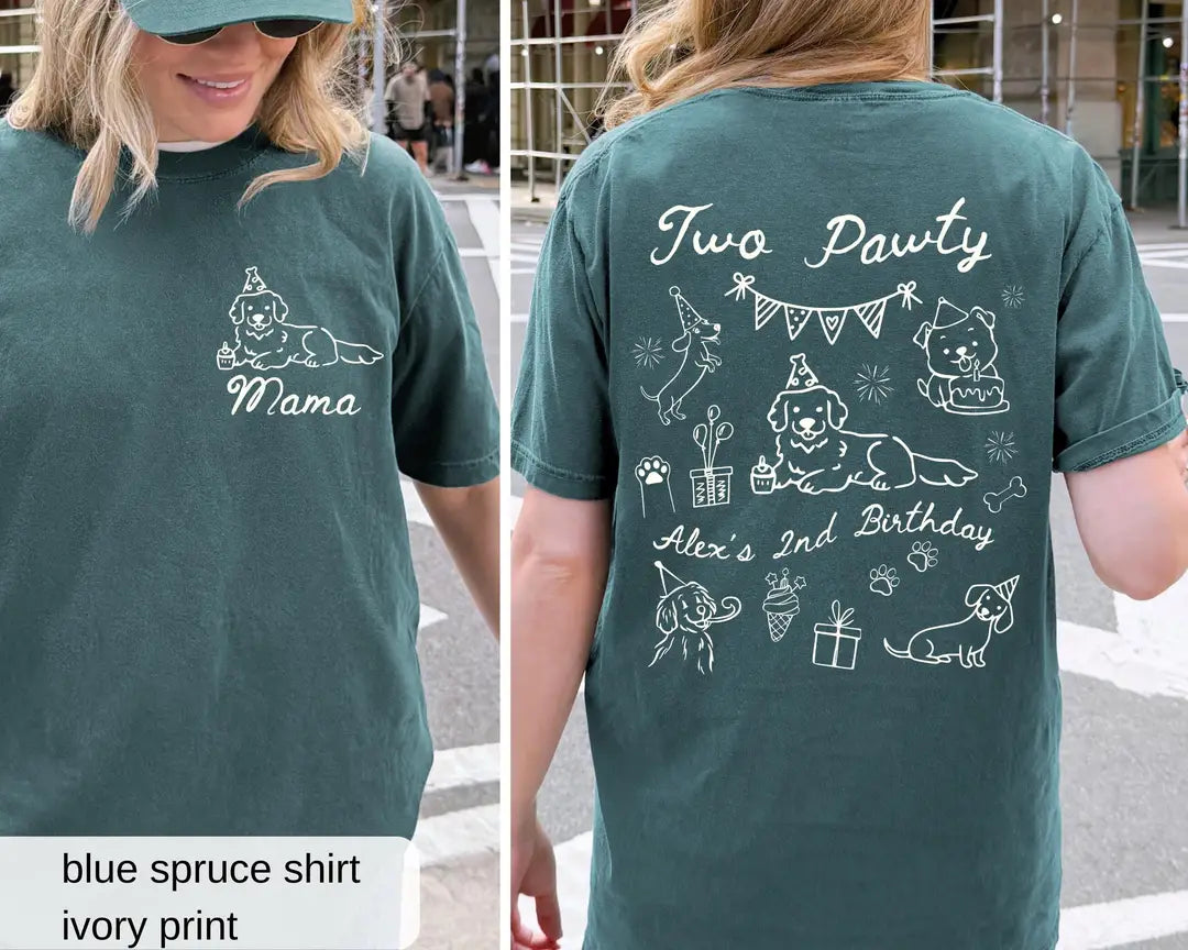 Woman in a Blue Spruce Comfort Colors tee, front with an ivory dog and Mama, back with Two Pawty and dog doodles