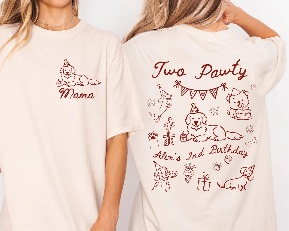 Two women in Ivory tees, front with a red dog and Mama, back with Two Pawty and puppy doodles for Alex's 2nd Birthday