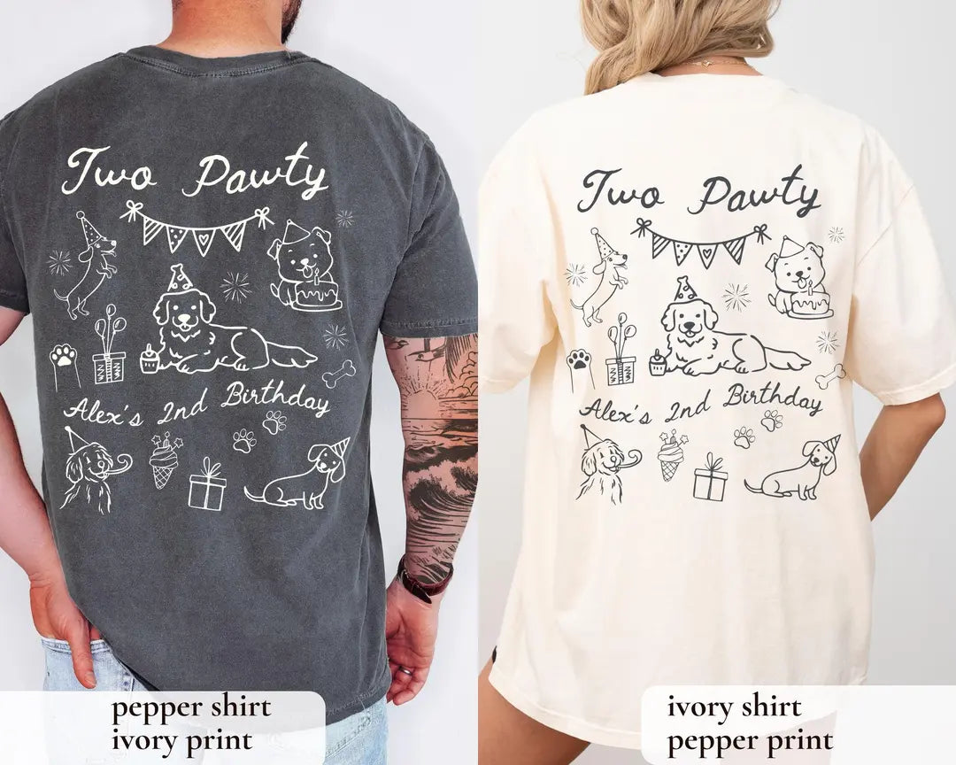 Backs of a Pepper tee with an ivory print and an Ivory tee with a pepper print, both with Two Pawty puppy doodles