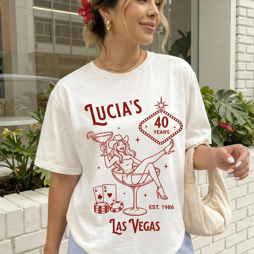 Vegas Girls Trip graphic Comfort Colors T-shirt in White, main product photograph.