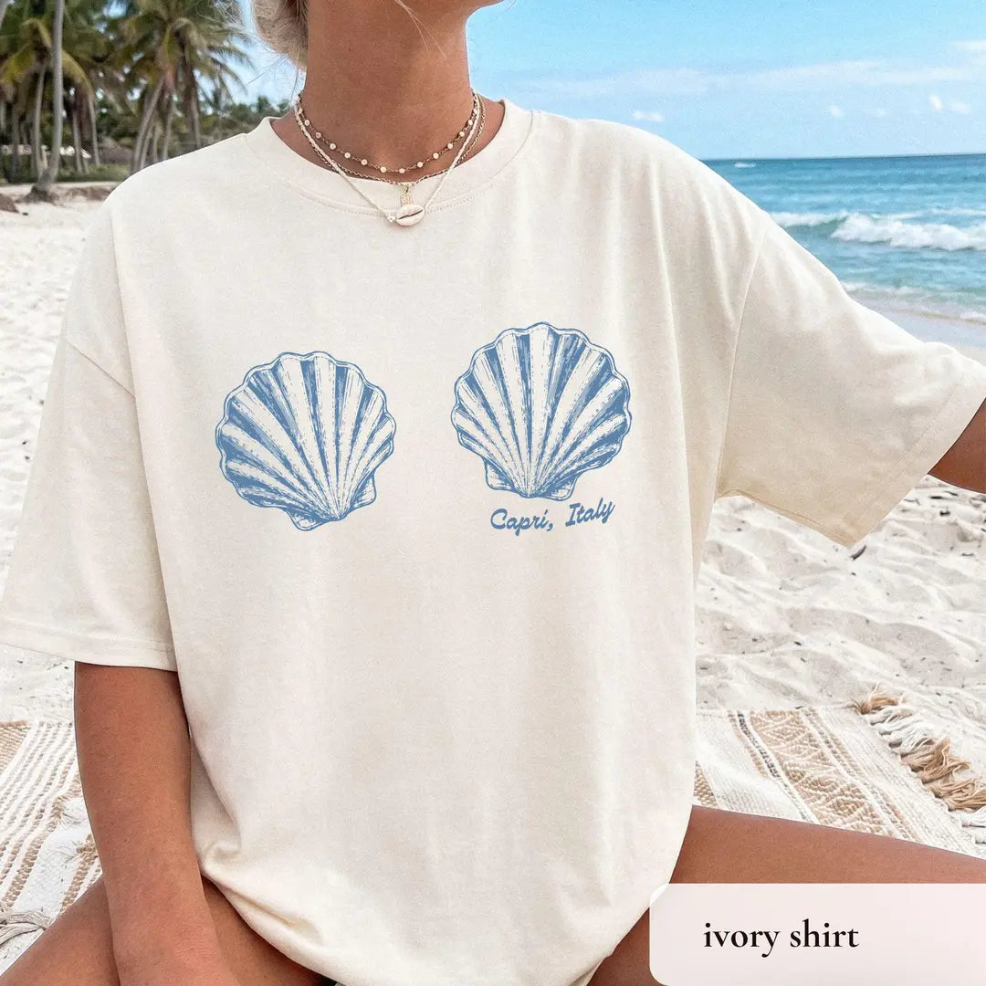 Vintage Coastal Shell graphic Comfort Colors T-shirt, additional product photograph.