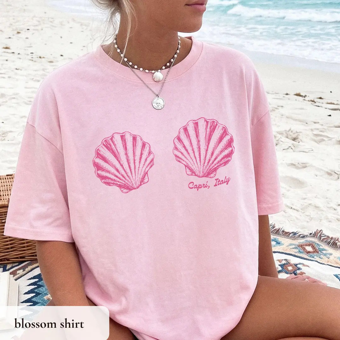 Vintage Coastal Shell graphic Comfort Colors T-shirt in Blossom, additional product photograph.