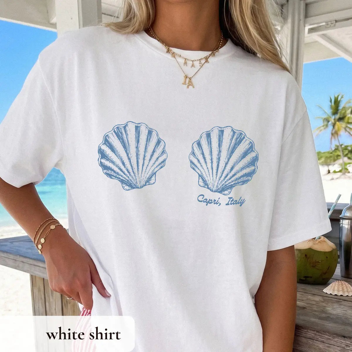 Vintage Coastal Shell graphic Comfort Colors T-shirt in White, additional product photograph.