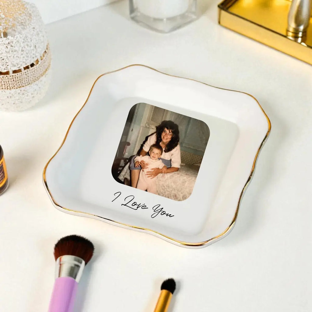 Personalized ceramic ring dish with custom photo and text for family, main front view