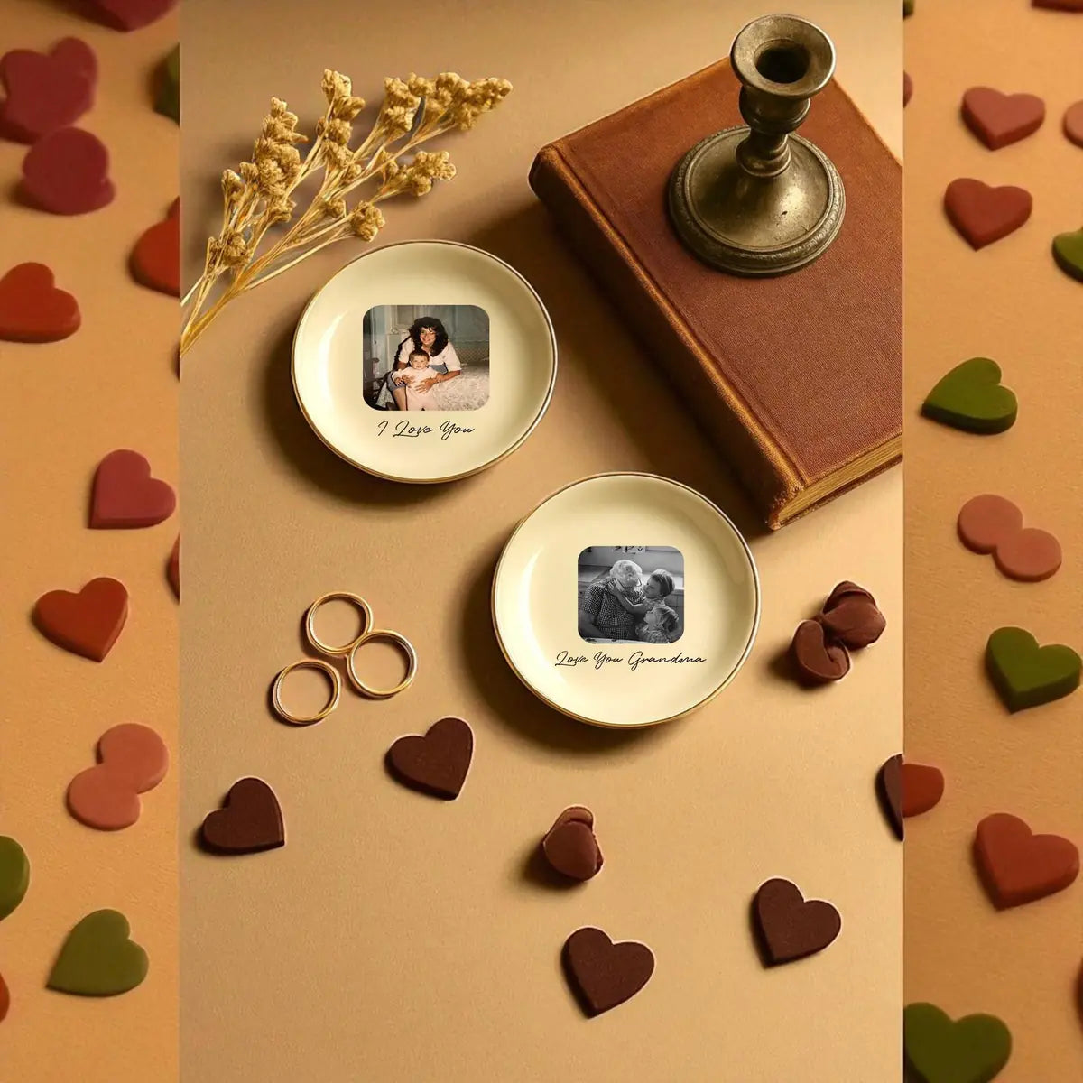Custom photo family ring dish displayed elegantly on wooden bedroom nightstand