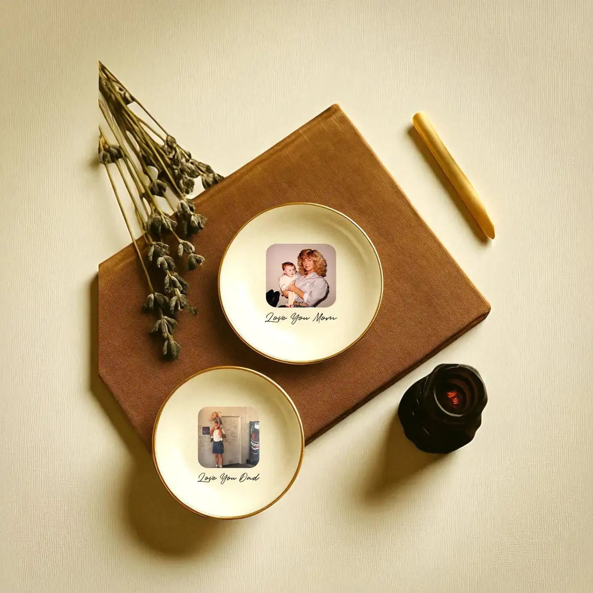 Shape and size options chart showing round, square, heart and scalloped ceramic ring dishes for family