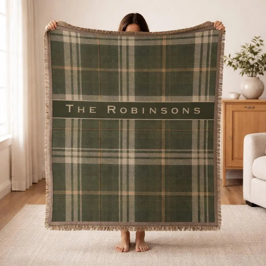 Personalized vintage plaid woven blanket with monogram and fringe trim