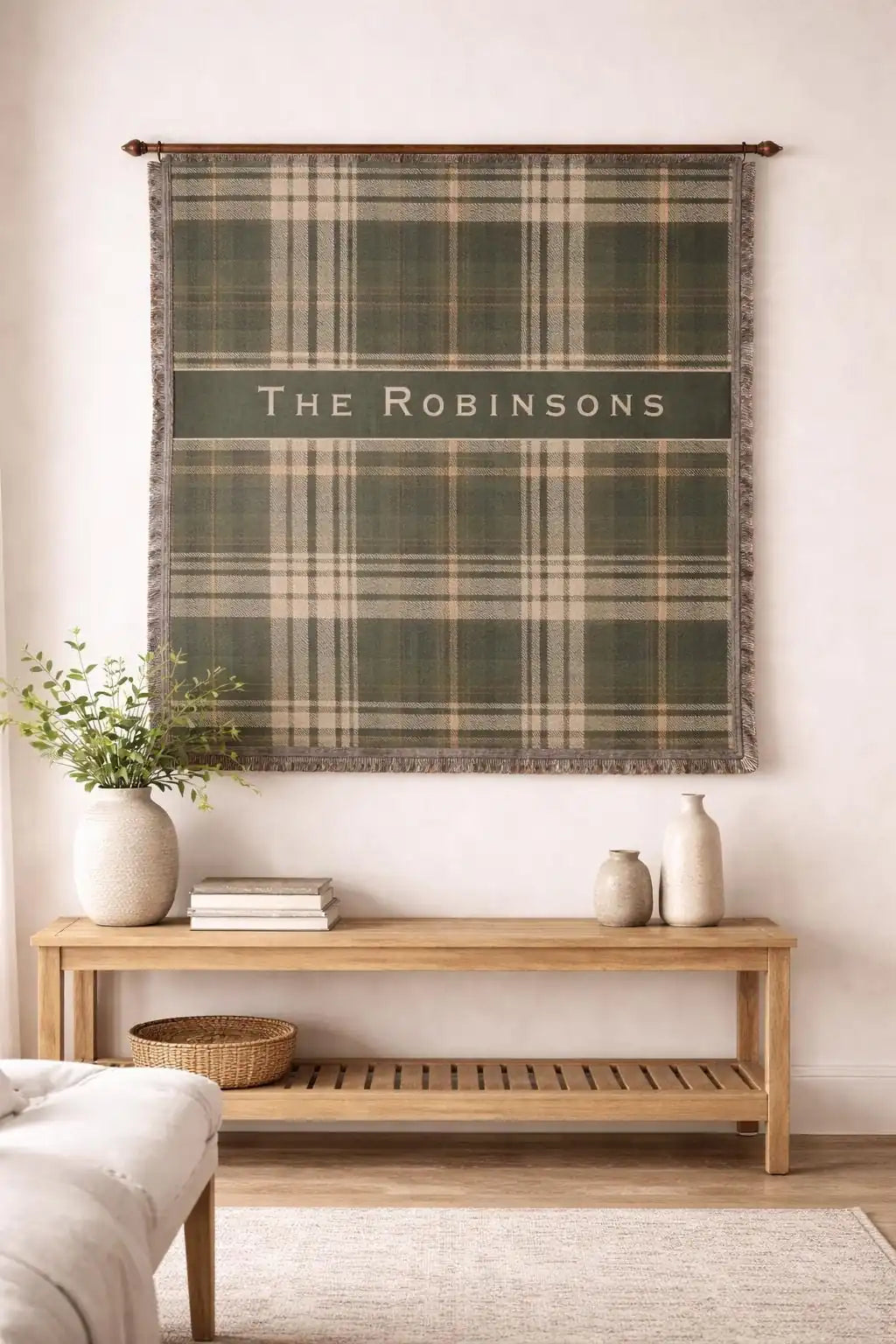Personalized vintage plaid woven blanket with monogram shown in a styled room setting