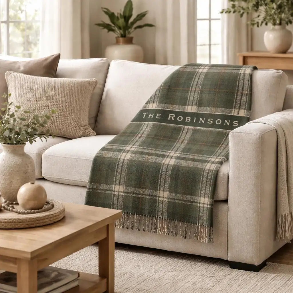 Personalized vintage plaid woven blanket with monogram shown in a styled room setting