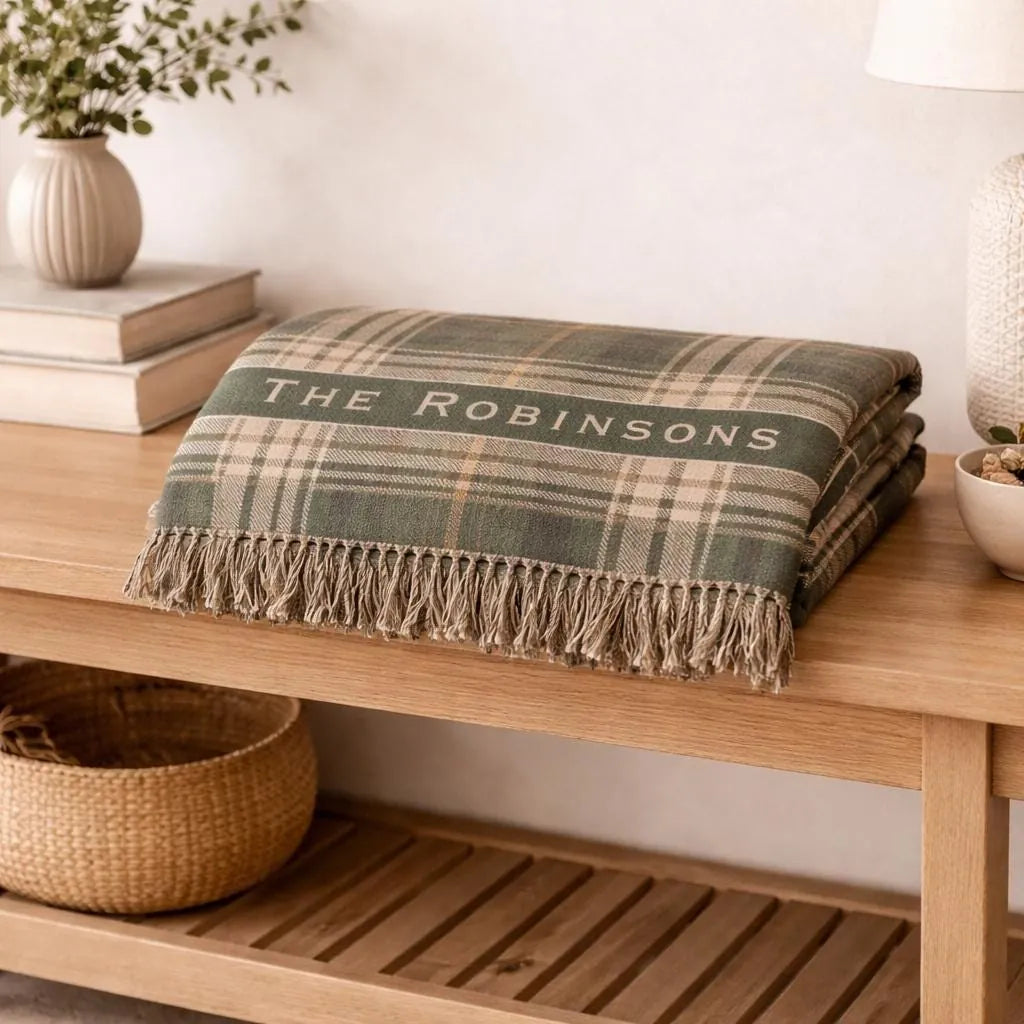 Personalized vintage plaid woven blanket with monogram shown in a styled room setting