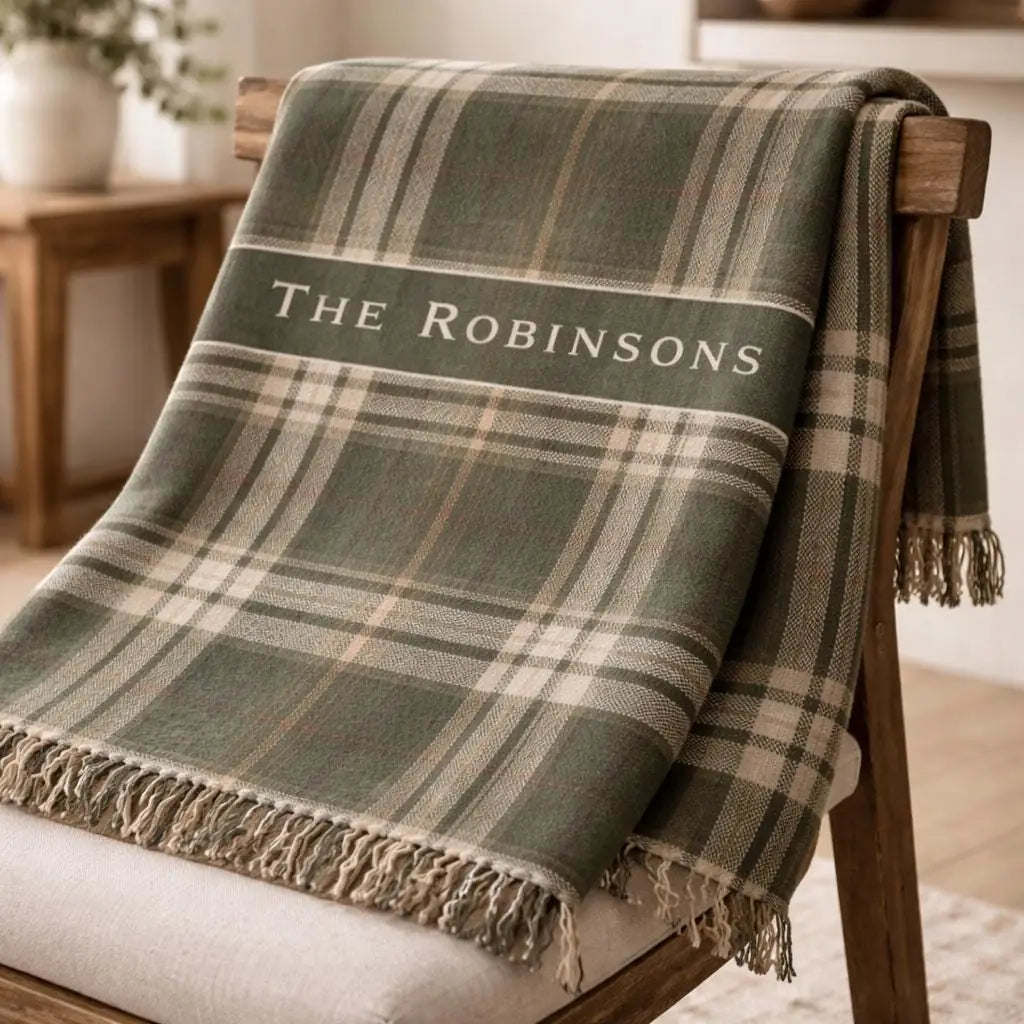 Personalized vintage plaid woven blanket with monogram shown in a styled room setting