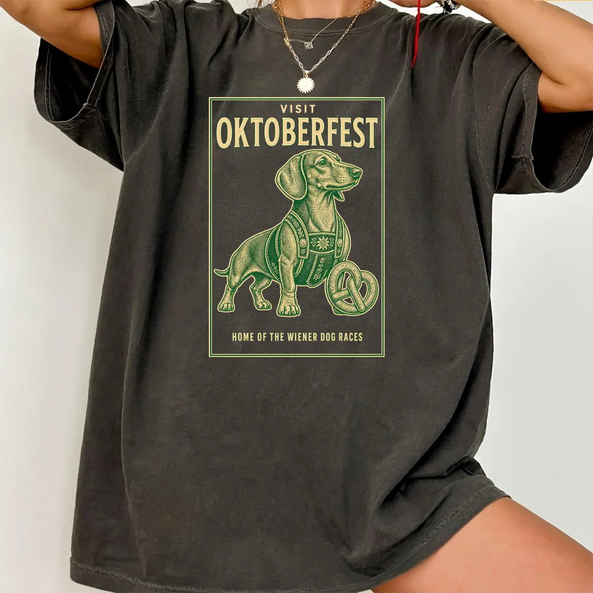 Woman wearing Pepper Visit Oktoberfest Dachshund - Wiener Dog Halloween Comfort Colors T-Shirt