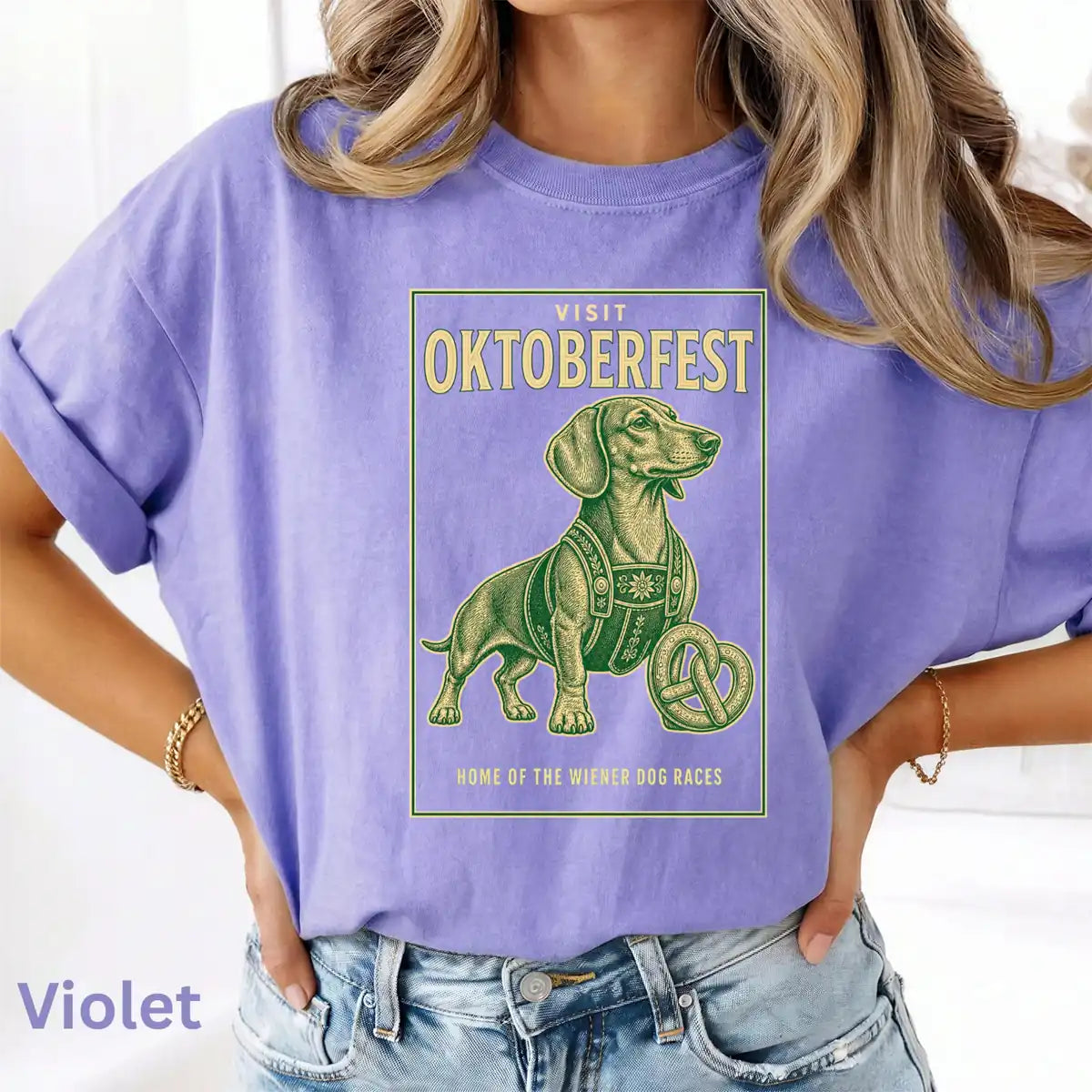 Woman wearing Espresso Visit Oktoberfest Dachshund - Wiener Dog Halloween Comfort Colors T-Shirt