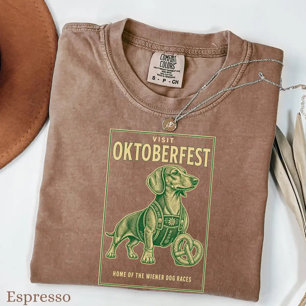 Woman wearing Pepper Visit Oktoberfest Dachshund - Wiener Dog Halloween Comfort Colors T-Shirt