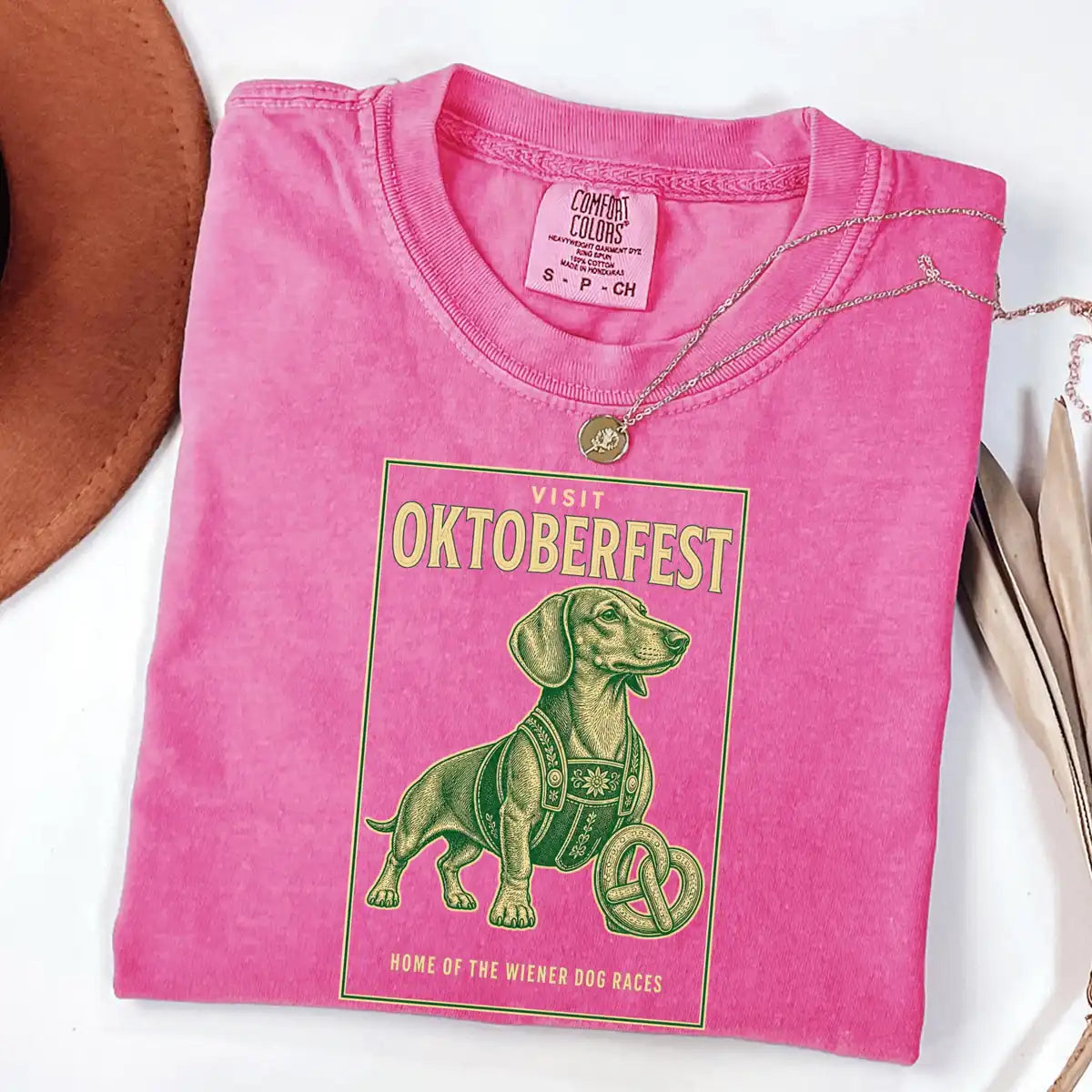 Comfort Colors T-shirt mockup showing Visit Oktoberfest Dachshund Halloween design