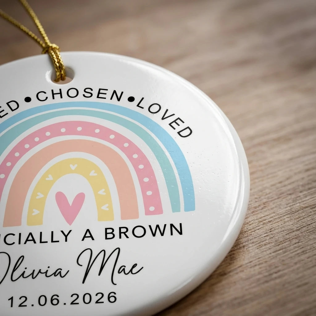 wanted chosen loved rainbow personalized ornament detail