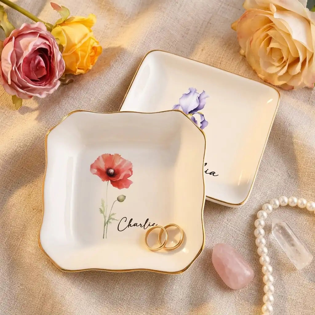 Watercolor birth flower personalized jewelry dish with gold rim on linen with pearls