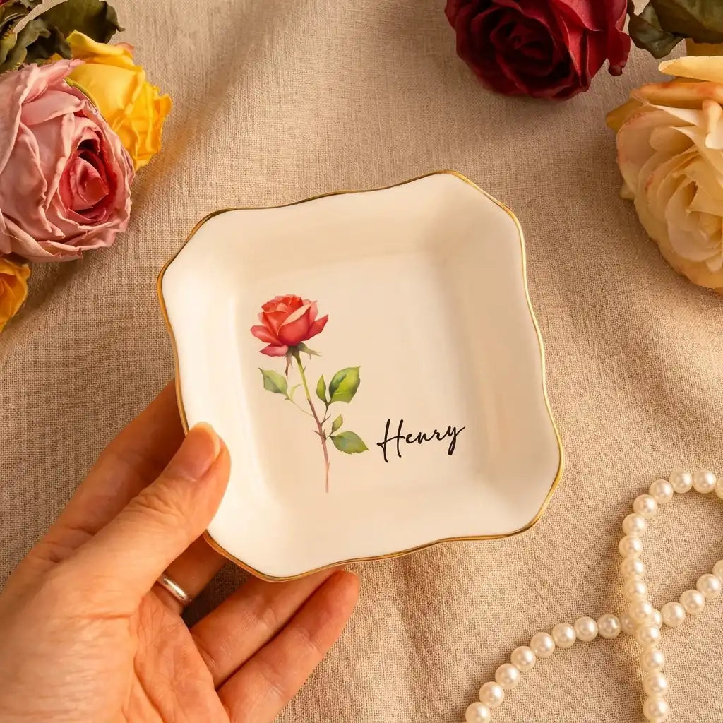 Watercolor birth flower personalized jewelry dish with gold rim on linen with pearls