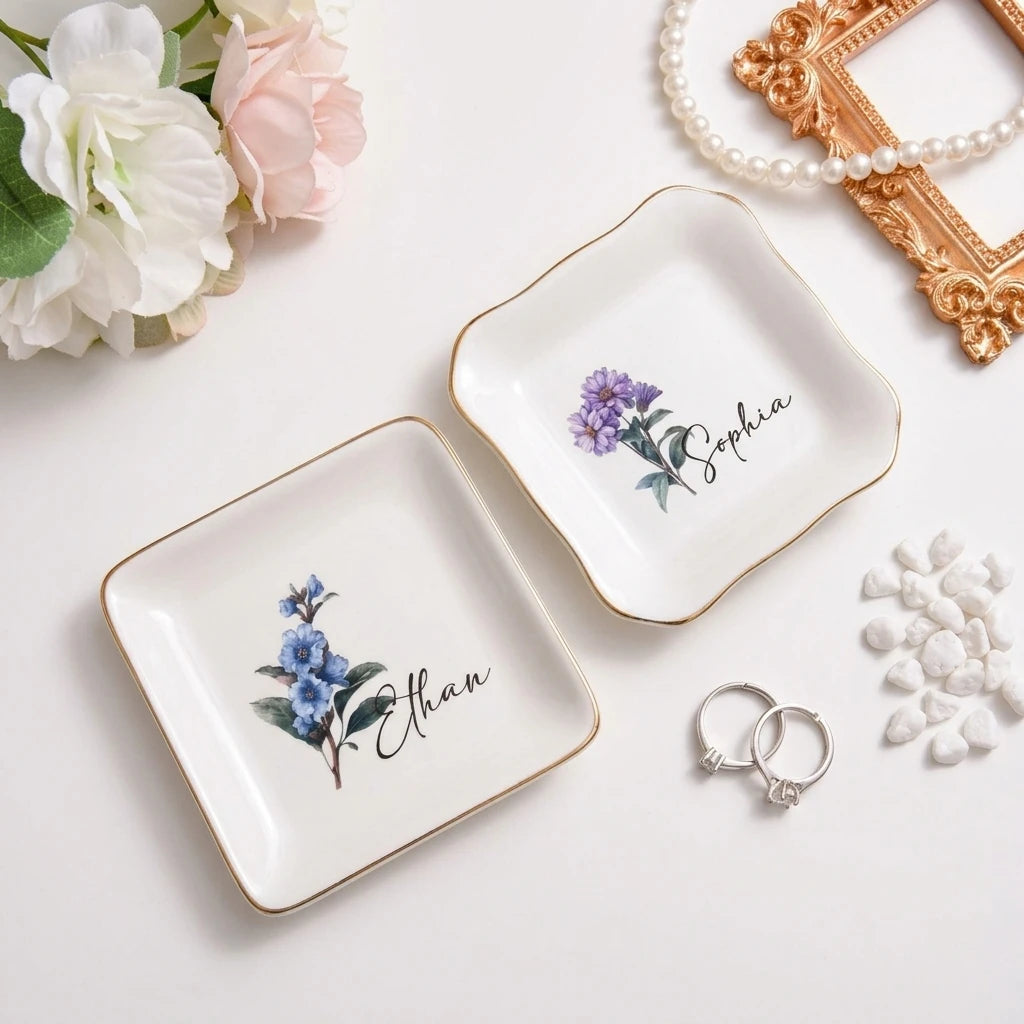 Heart and round personalized birth flower ring dishes with watercolor floral and calligraphy name