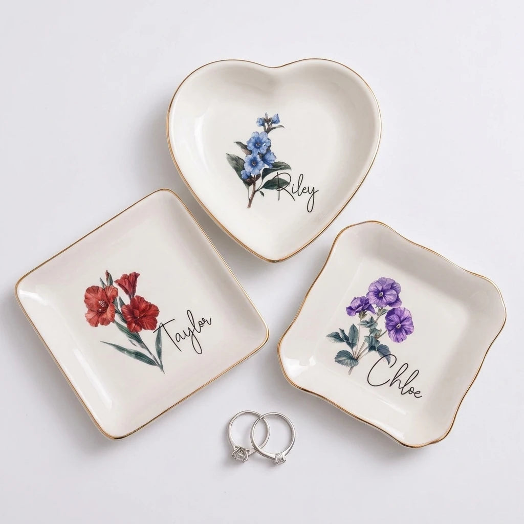 Heart and round personalized birth flower ring dishes with watercolor floral and calligraphy name