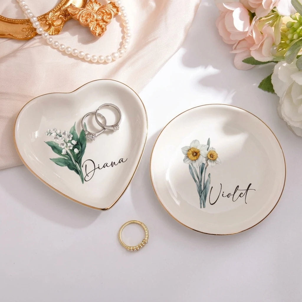 Personalized birth flower ring dish lifestyle shot with gold frame