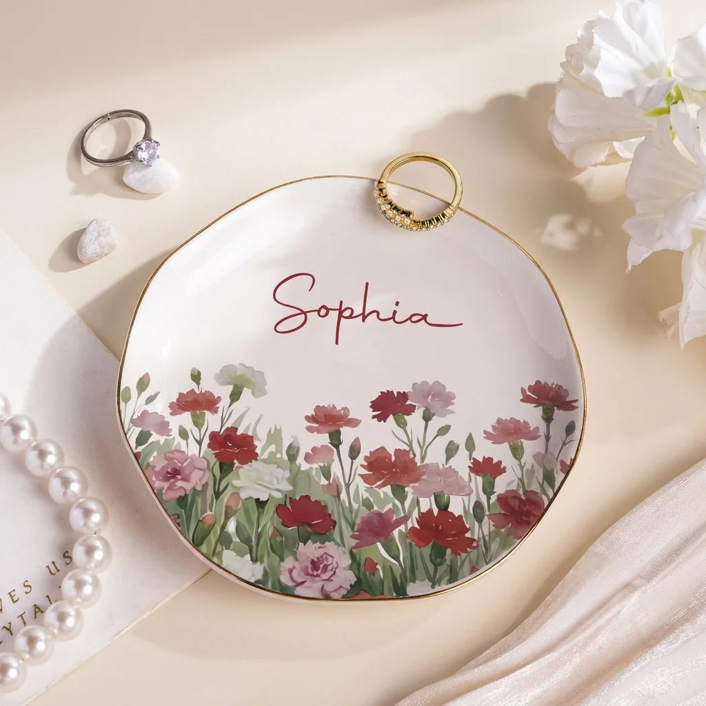 Watercolor Birth Flower Custom Name Trinket Ring Dish variant
