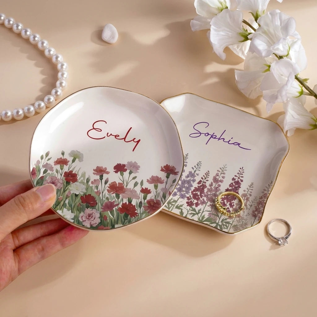 Watercolor Birth Flower Custom Name Trinket Ring Dish variant