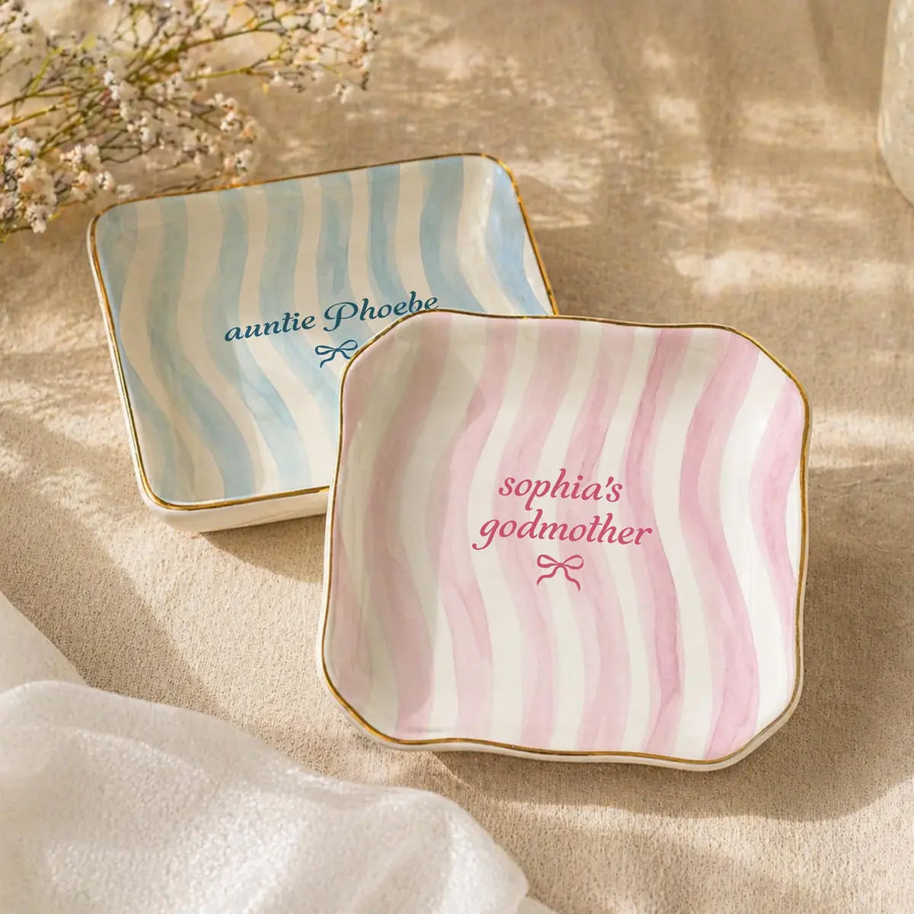 Wavy Stripe Custom Names Gift For Her Ring Dish in gift packaging