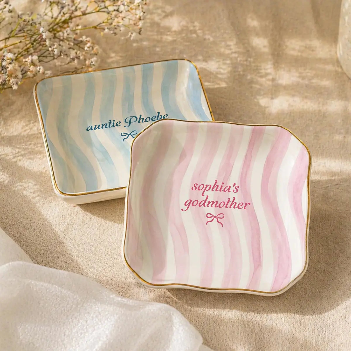 Wavy Stripe Custom Names Gift For Her Ring Dish in gift packaging