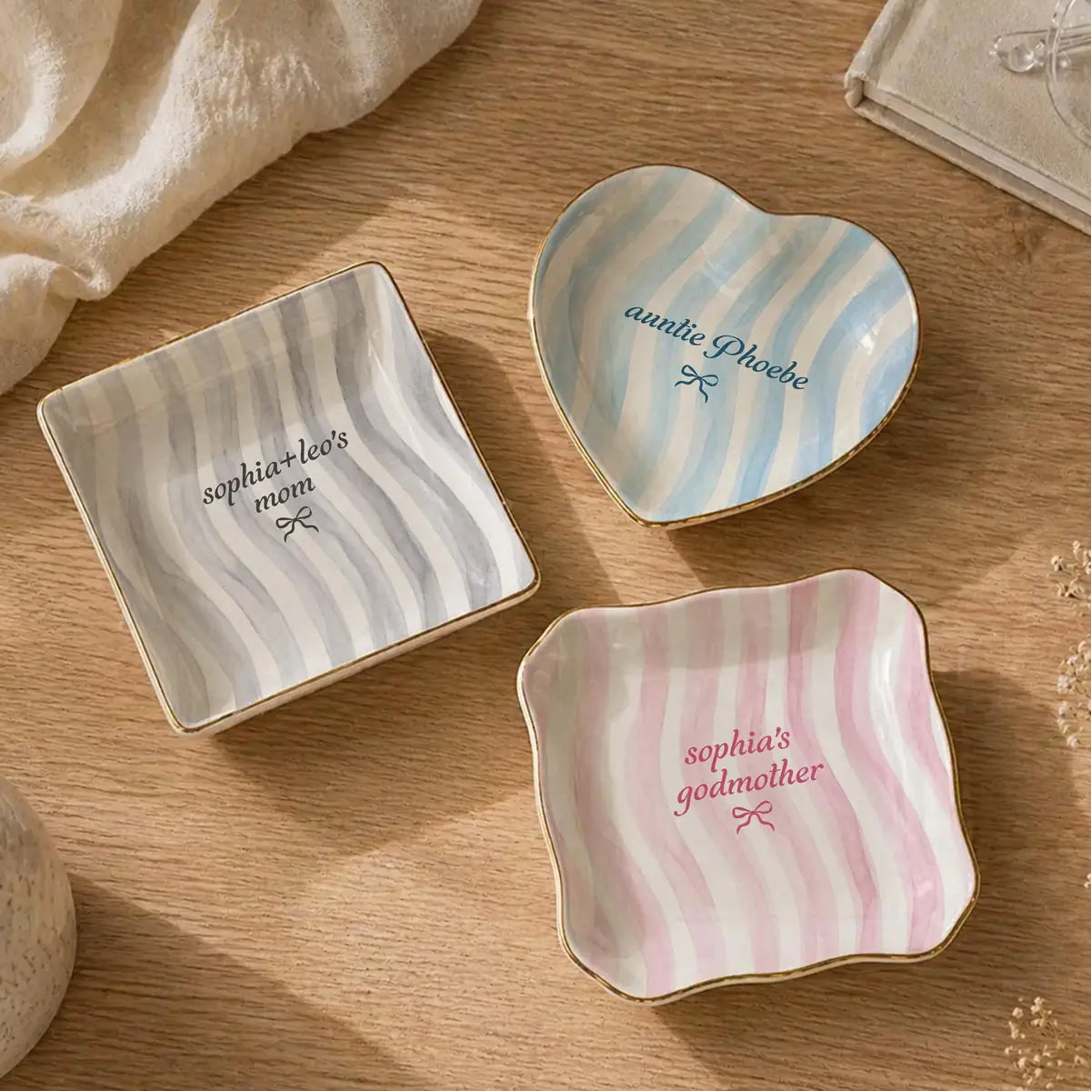 Wavy Stripe Custom Names Gift For Her Ring Dish in gift packaging