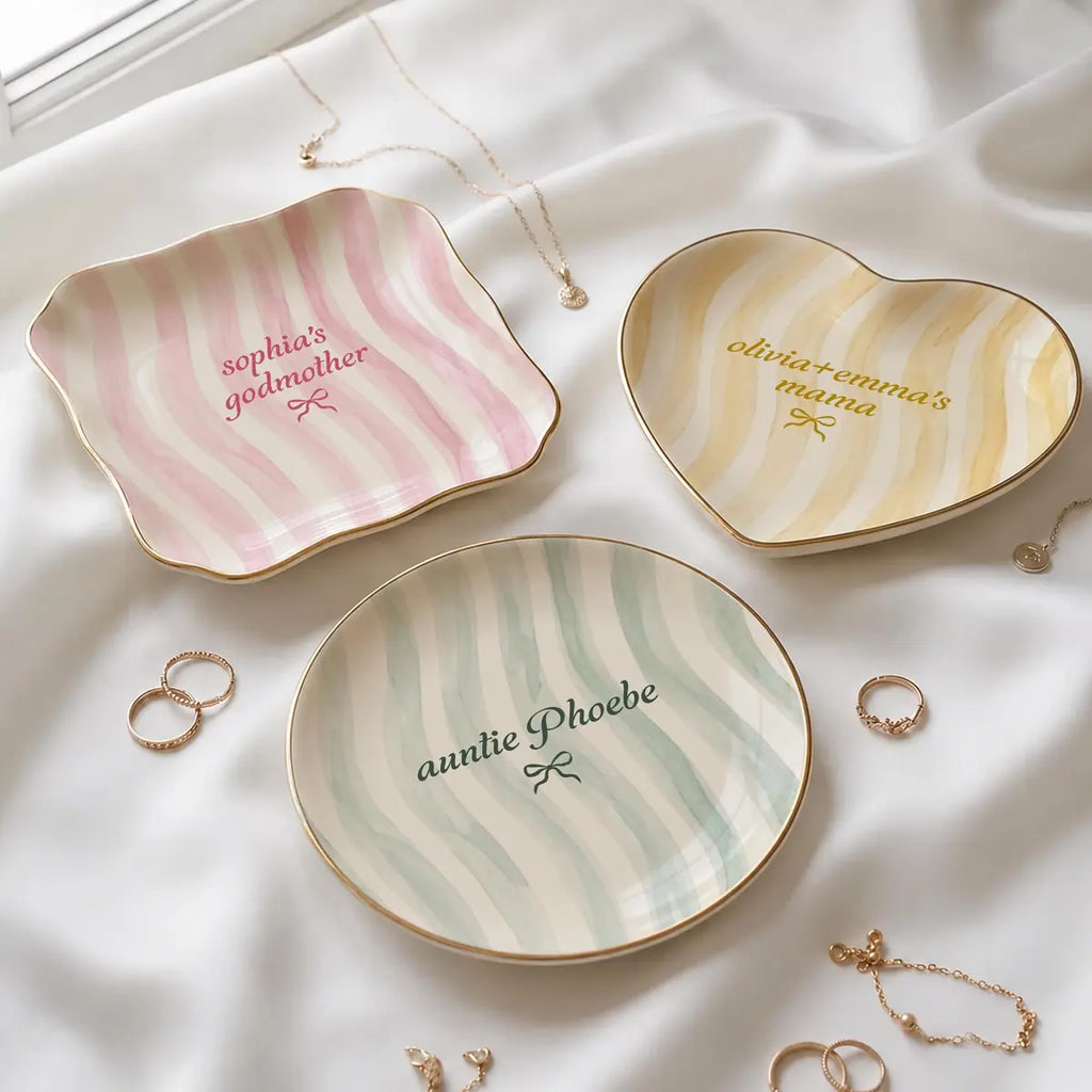 Wavy Stripe Custom Names Gift For Her Ring Dish in gift packaging
