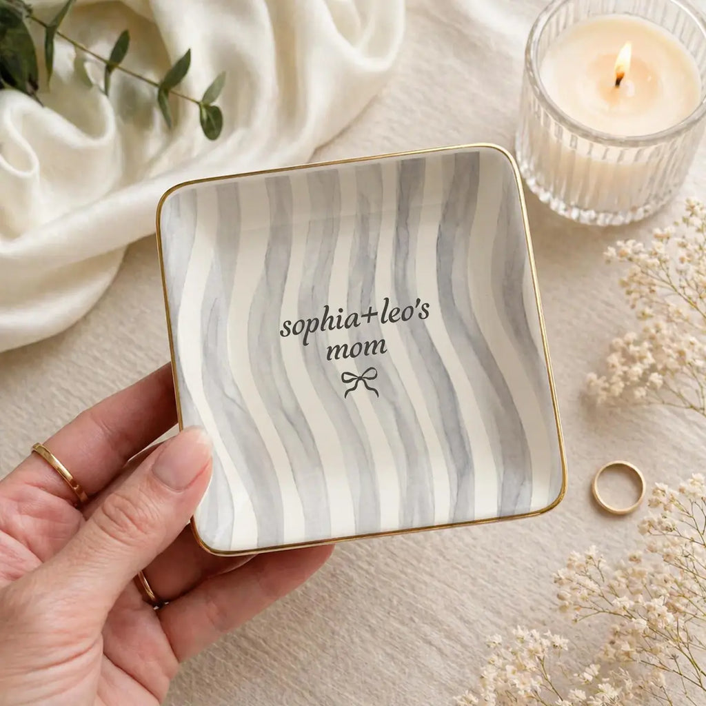 Wavy Stripe Custom Names Gift For Her Ring Dish in gift packaging