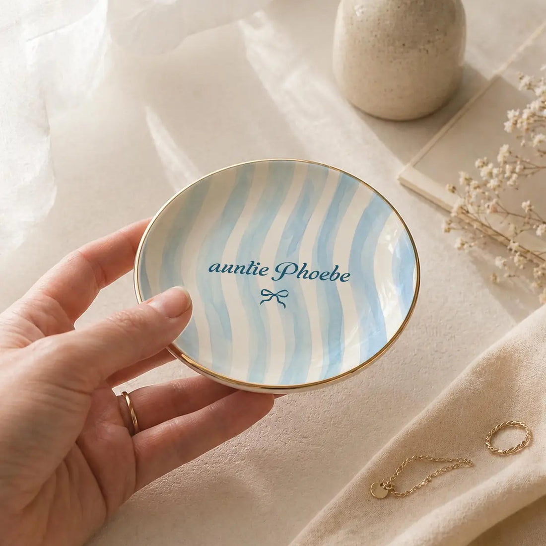 Wavy Stripe Custom Names Gift For Her Ring Dish