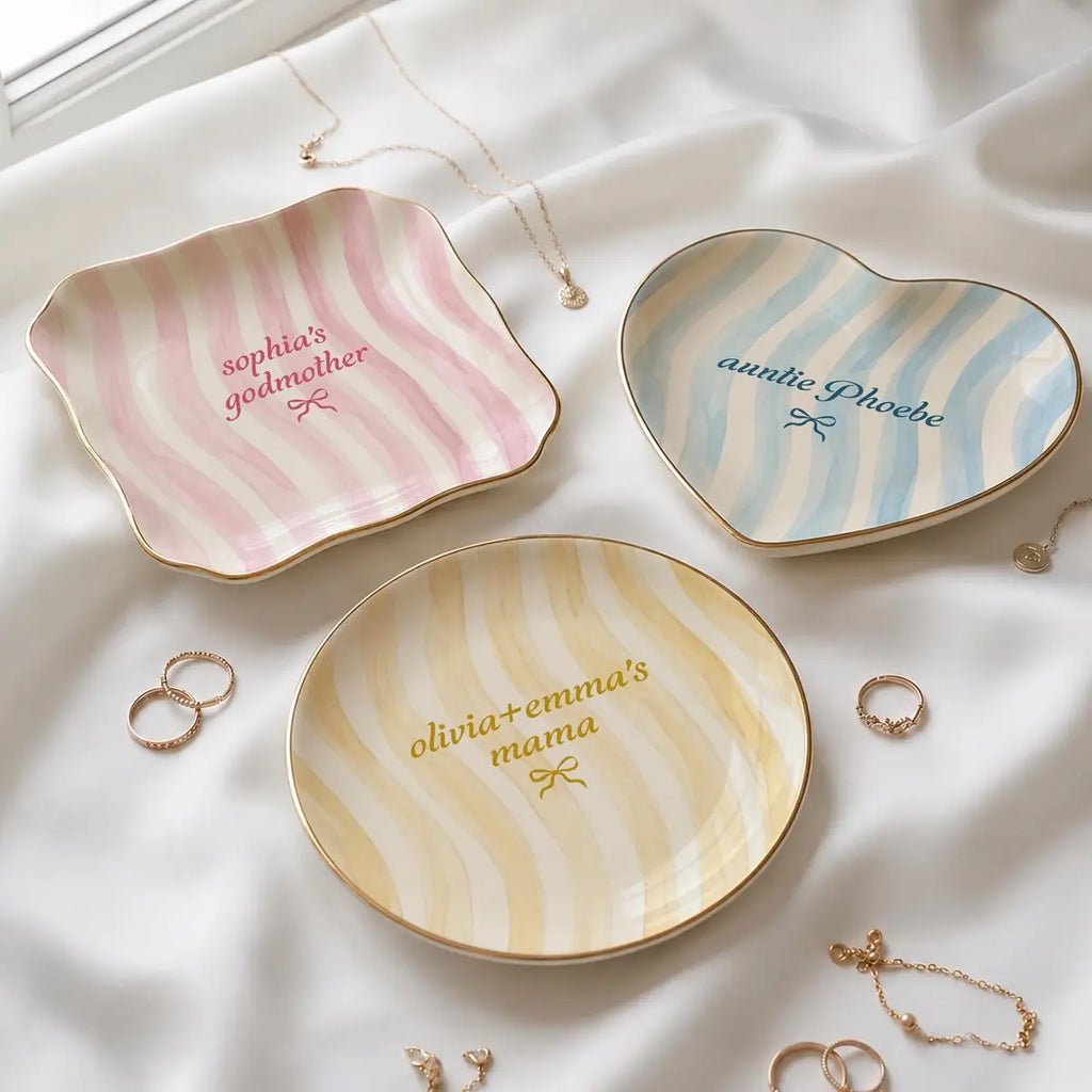 Wavy Stripe Custom Names Gift For Her Ring Dish in gift packaging