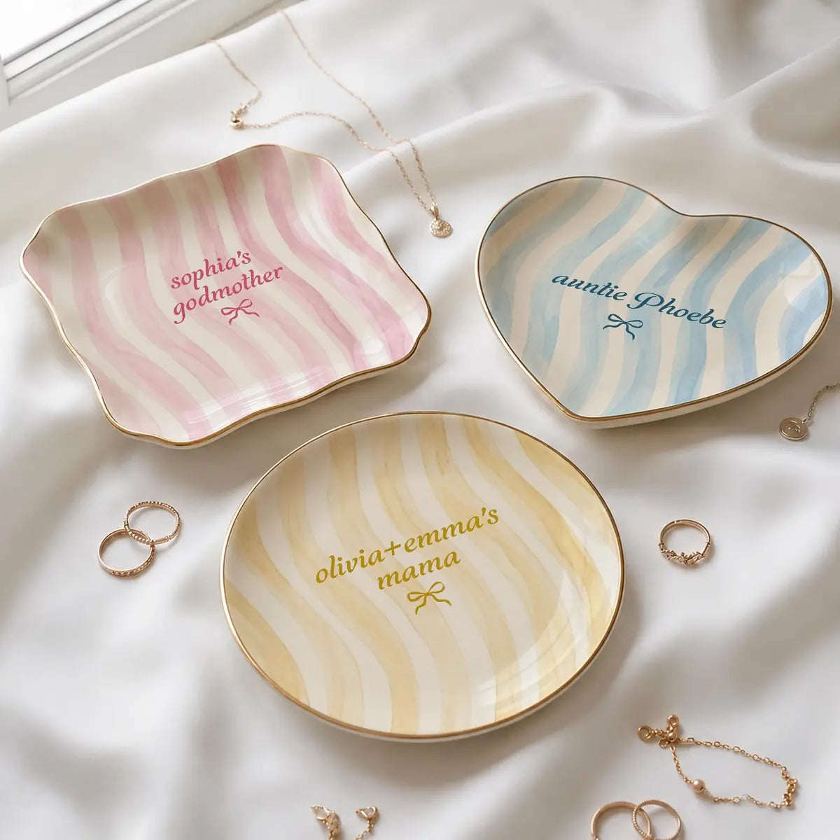 Wavy Stripe Custom Names Gift For Her Ring Dish in gift packaging