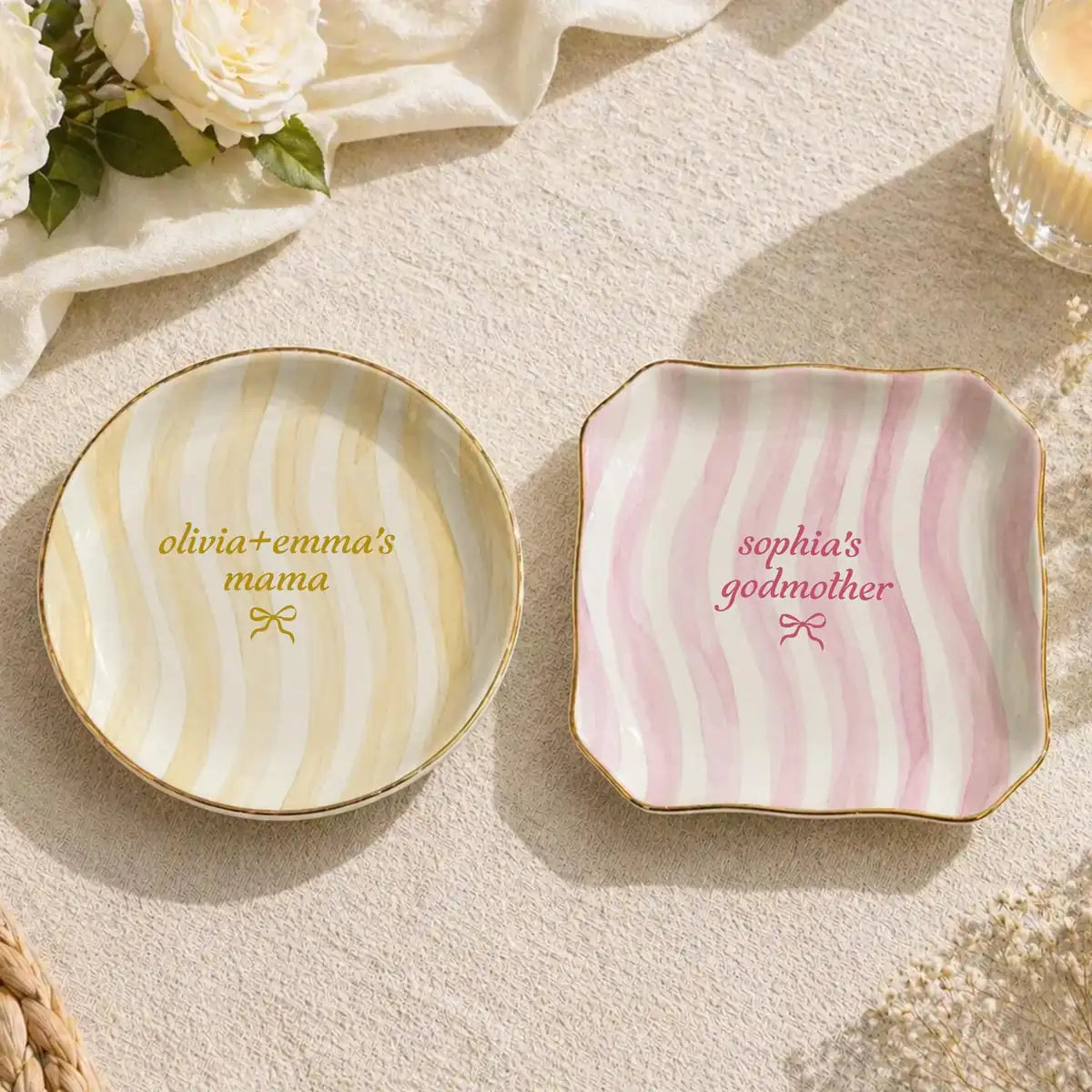 Wavy Stripe Custom Names Gift For Her Ring Dish in gift packaging