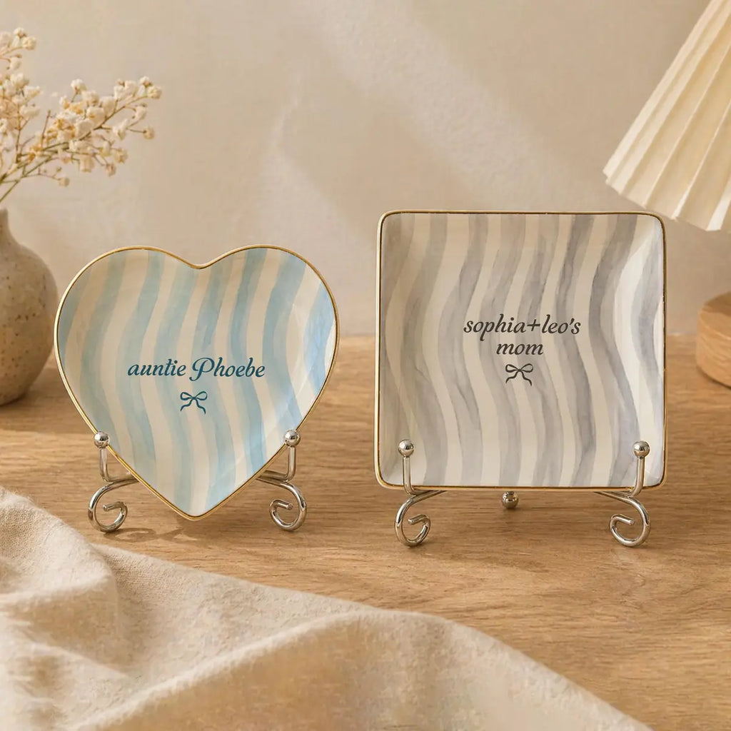Wavy Stripe Custom Names Gift For Her Ring Dish in gift packaging