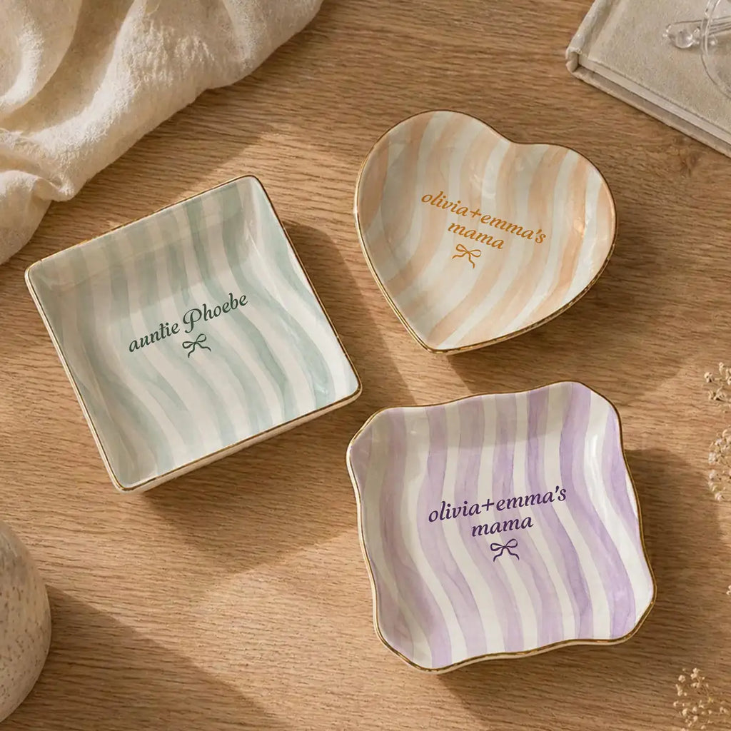 Wavy Stripe Custom Names Gift For Her Ring Dish in gift packaging