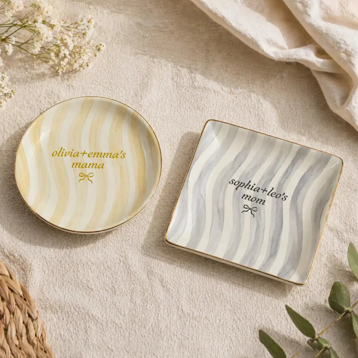 Wavy Stripe Custom Names Gift For Her Ring Dish in gift packaging